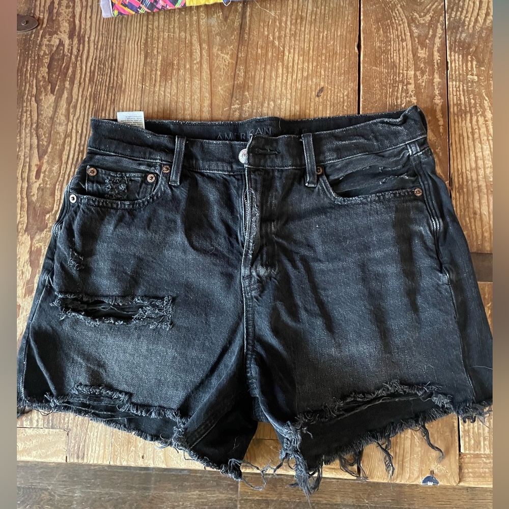 American Eagle Outfitters Black Jean Shorts with Distressed Hem